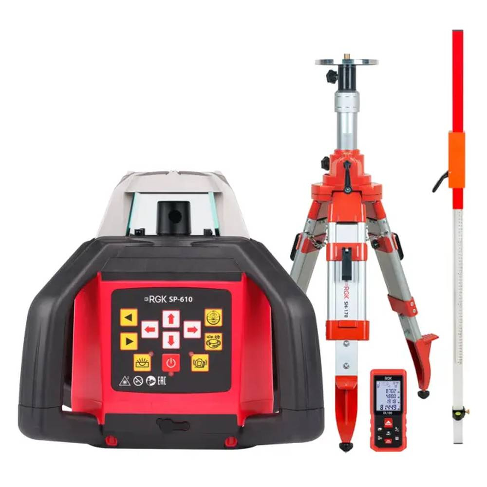 Комплект: ротационный нивелир RGK SP-610 + элевационный штатив RGK SH-170 + рейка RGK LR-2 + дальномер RGK DL100 134358