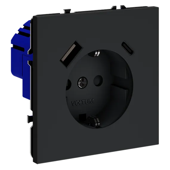 Розетка встраиваемая VOLTUM S70 с заземлением и защитными шторками, 16А, с USB, A+С, (графит) vls040507