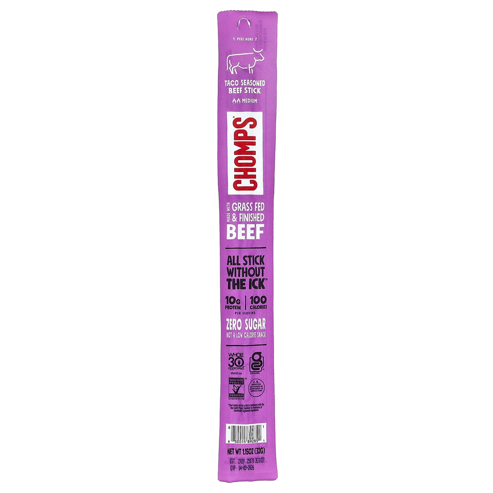 Chomps, Beef Stick, Medium, Taco Seasoned , 10 Sticks, 1.15 oz (32 g) Each
