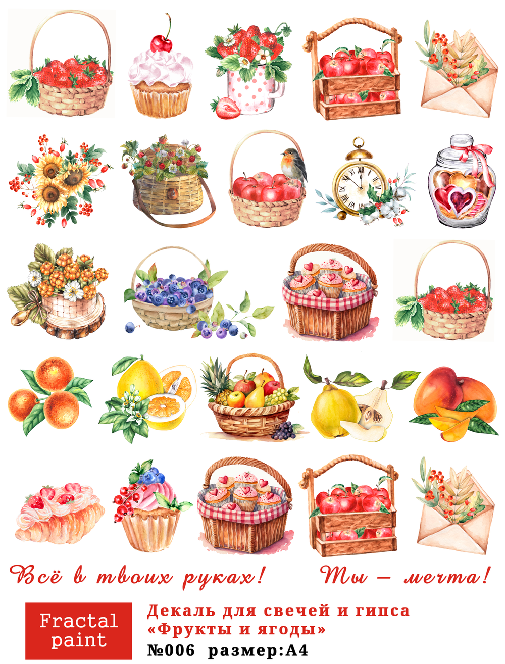Трансфер переводной - декаль для свечей и гипса фрукты, ягоды 006