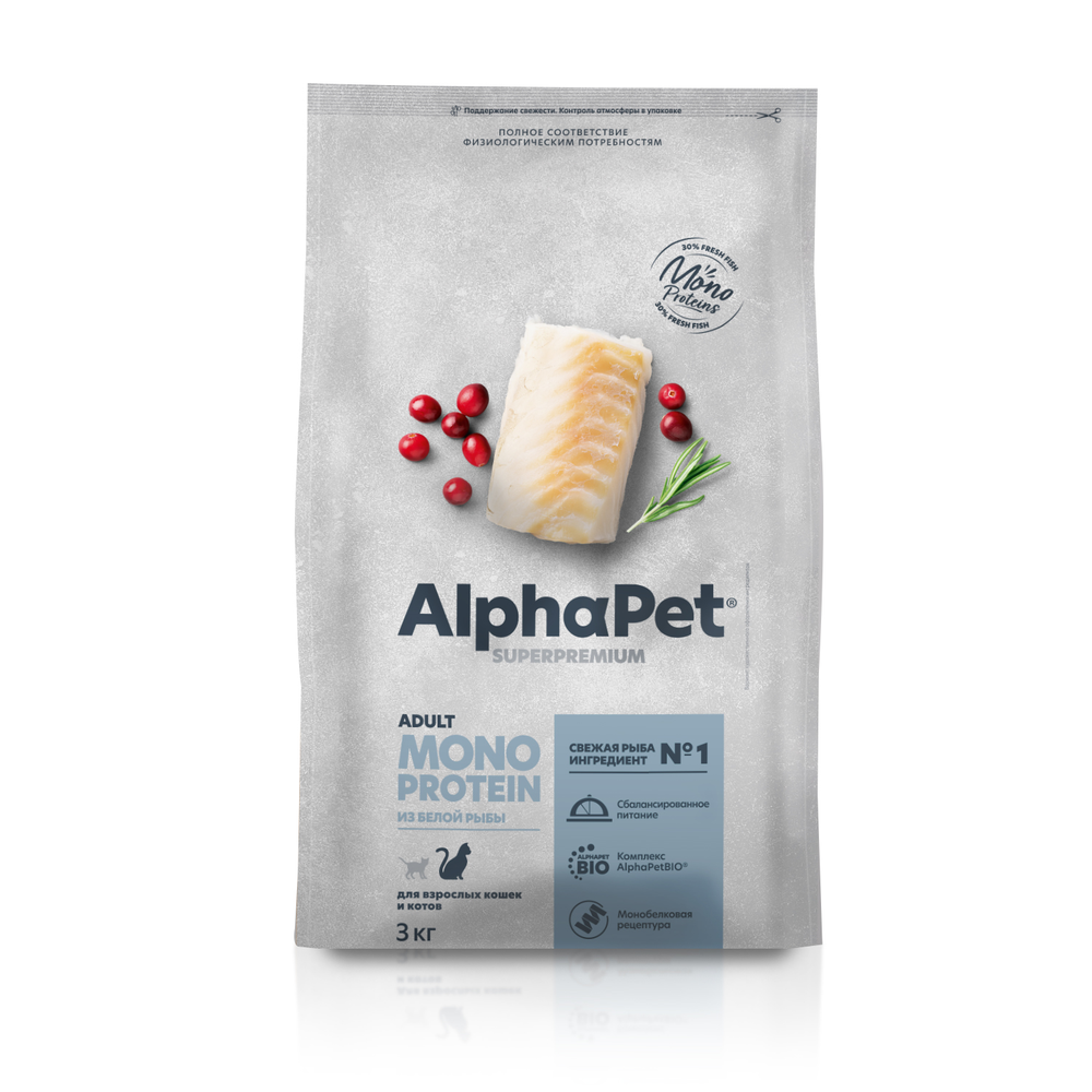 Сухой полнорационный корм ALPHAPET SUPERPREMIUM MONOPROTEIN для взрослых кошек из белой рыбы 3 кг