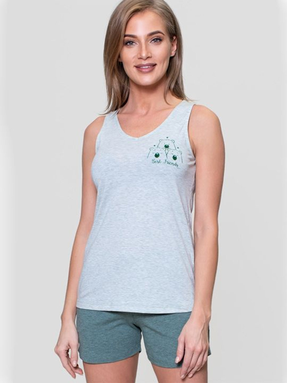 Женский комплект с мишками на майке (Размер: M) (Цвет: зеленый с серым)