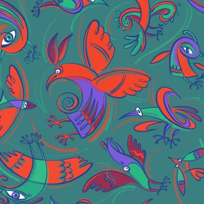 Фантастические птицы на зеленом