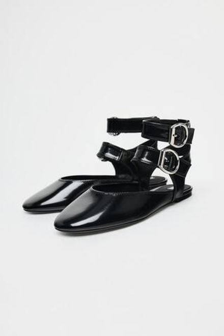 ZARA БАЛЕТКИ-МЮЛИ С ДВУМЯ ПРЯЖКАМИ, ЧЕРНЫЙ