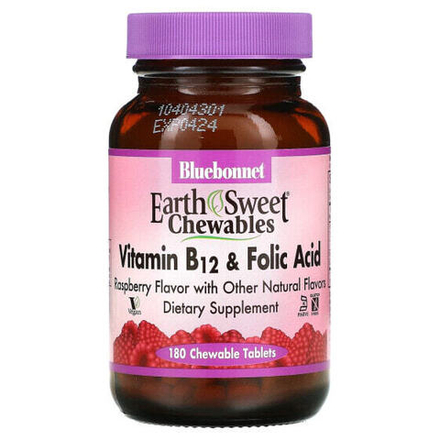 Витамины группы B Bluebonnet Nutrition, EarthSweet, витамин B-12 и фолиевая кислота, натуральный малиновый ароматизатор, 180 жевательных таблеток