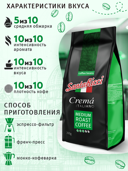 Кофе SantaRicci Crema Italiano, в зернах, арабика, для турки, кофеварки, 200 г