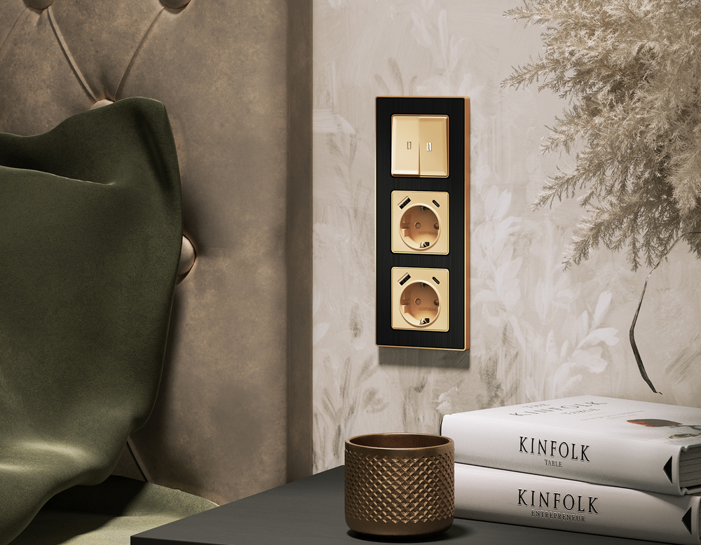 MA604055 Комплект механизма 2-кл выключателя с самовозвратом с подсветкой 5600K ALFA Шампань QUANT (AP6040, VM129, G14W)