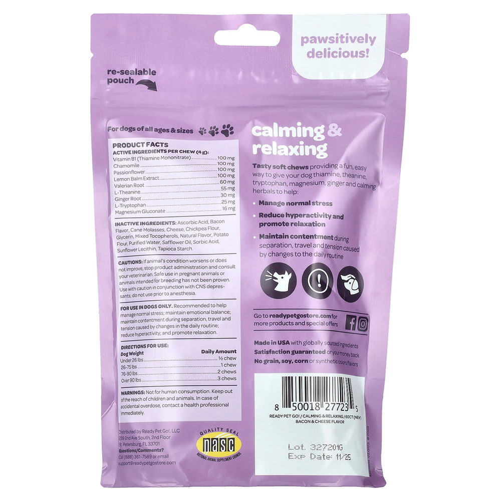 Ready Pet Go, Успокаивающий и расслабляющий, для собак, для всех возрастов, бекон и сыр, 60 жевательных таблеток, 240 г (8,5 унции)