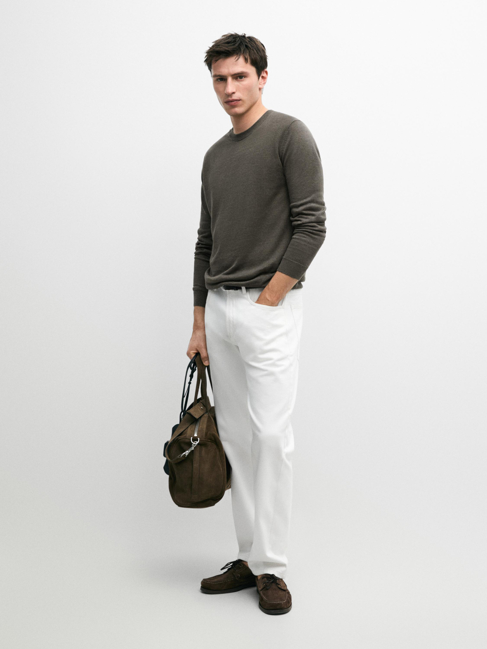 Massimo Dutti Вязаный льняной свитер с круглым вырезом, пудровый