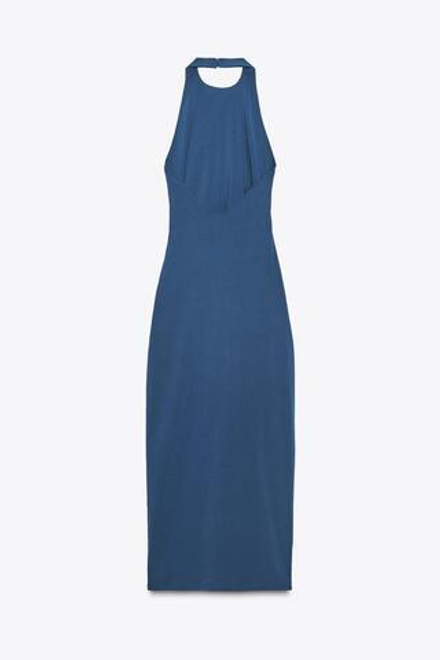 ZARA ПЛАТЬЕ ХАЛТЕР СО СБОРКАМИ, МОРСКОЙ СИНИЙ
