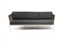 "Касабланка" диван 3-местный плетеный из роупа, каркас алюминий светло-серый (RAL7035) муар, роуп серо-коричневый 23мм, ткань серая 017