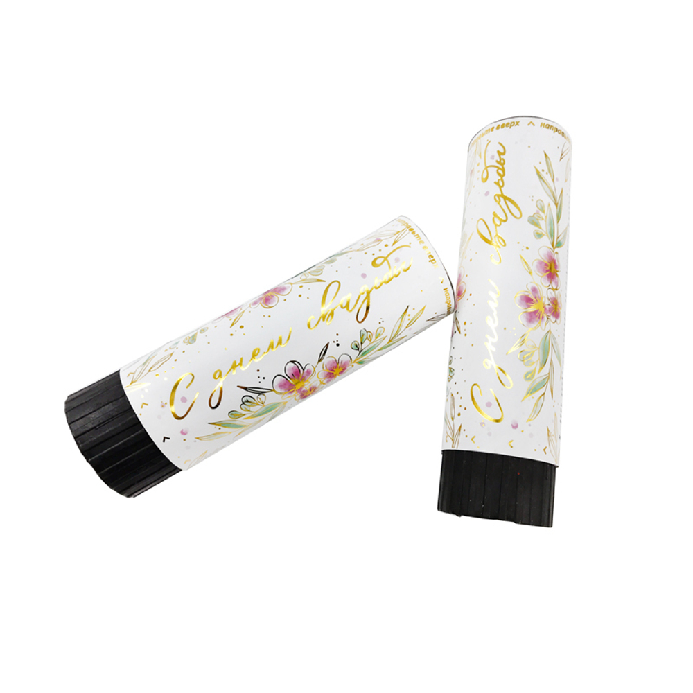 Хлопушка пружинная "С днем свадьбы!" Блеск серпантин с золотой печатью