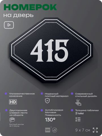 Номерок на дверь квартиры 415, для кабинета, офиса, шильдик 9 х 7 см, черный, Айдентика Технолоджи