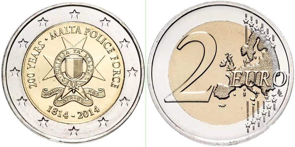 Мальта 2 евро 2014 200 лет полиции Мальты UNC