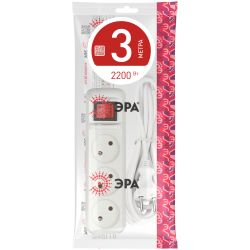 Удлинитель электрический ЭРА U-3s-3m-2x1 без заземления c выключателем 3 розетки 3м ПВС 2x1мм2 10А | Бытовые удлинители