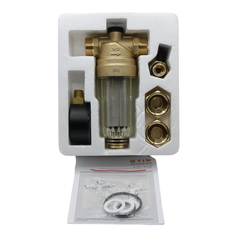 Фильтр самопромывной TIM 1/2" с манометром в стеклянном корпусе