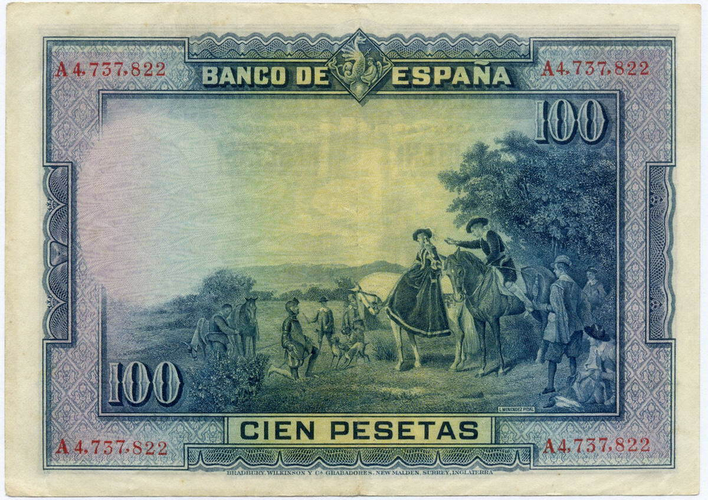 Банкнота Испания 100 песет 1928 год A4 737 822. VF