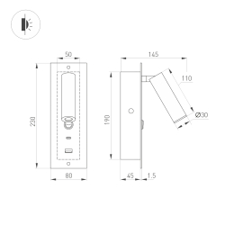 Светильник SP-BED-CHARGE-BUILT-S80x230-3W Warm3000 (BK, 20 deg, 230V, USB-A, USB-C) (Arlight, IP20 Металл, 3 года) 046880