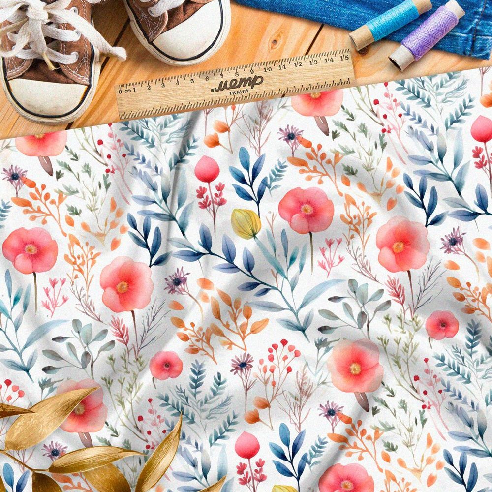 Ткань премиум флис полевые цветы с синими веточками