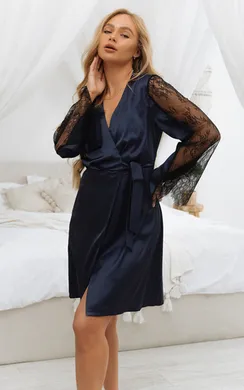 7244 халат короткий с кружевными рукавами темно-синий