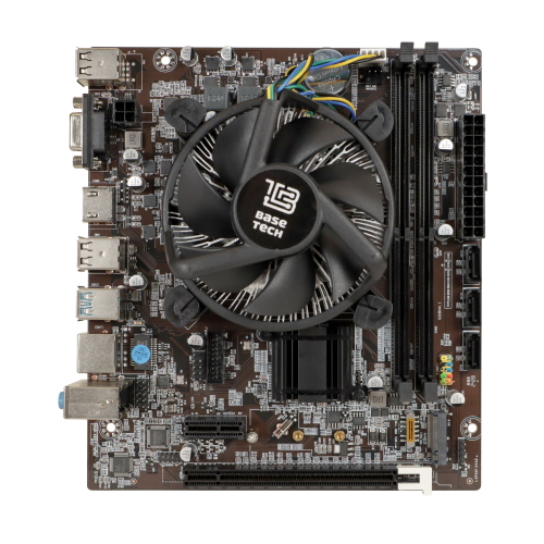 Материнская плата с процессором BaseTech H110M-K, Socket1151, i5-6500, mATX, Retail, Socket1151, Intel UHD Graphics 530, 2xDDR4, PCIe3.0, 1xM.2, GLAN, 6xUSB2, 4xUSB3, VGA, HDMI, кулер CPU (BT-H110M-K-6500)