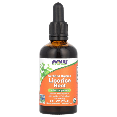 NOW Foods, Сертифицированный органический корень солодки, 480 мг, 59 мл (2 жидк. Унции)