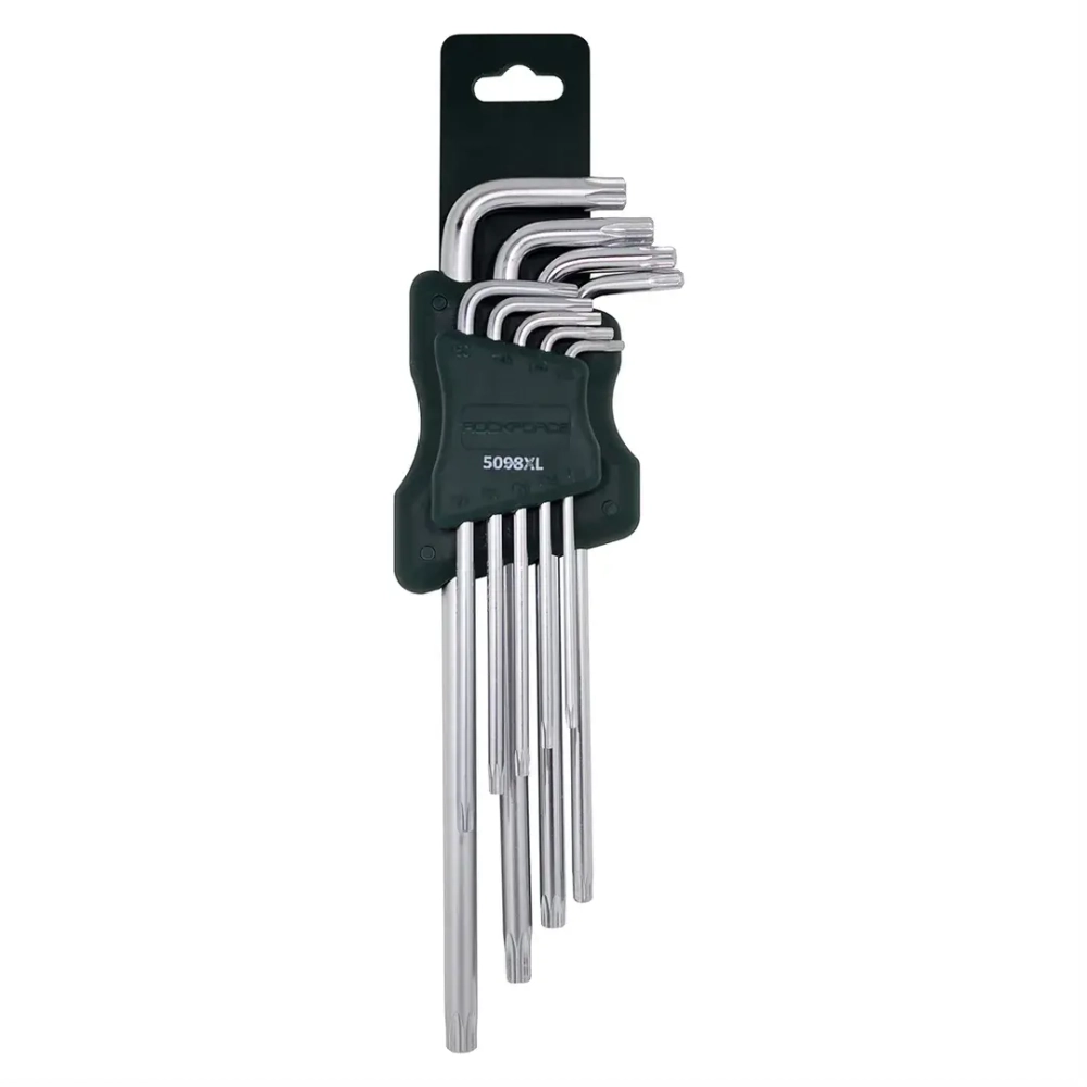 Набор ключей TORX Г-образных экстра длинных, 9пр. (Т10, Т15, Т20, Т25, Т27, Т30, Т40, Т45, Т50) в пластиковом держателе RockForce##Rock FORCE RF-5098XL