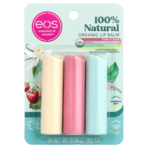 EOS, 100% натуральный органический бальзам для губ, ассорти вкусов, 3 шт. по 4 г (0,14 унции)