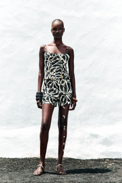 ZARA ТОП ИЗ СМЕСОВОГО ЛЬНА С ПРИНТОМ, ЧЕРНЫЙ/ЭКРЮ