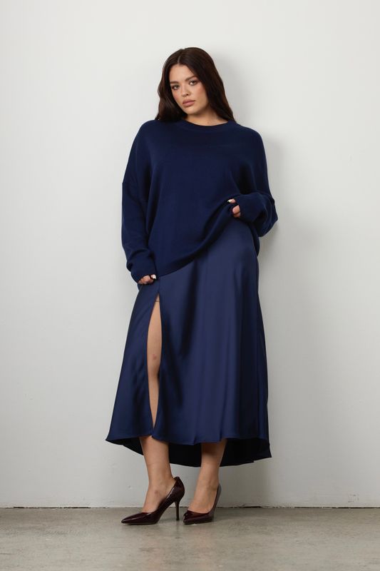 Юбка миди из атласа с разрезом, синий