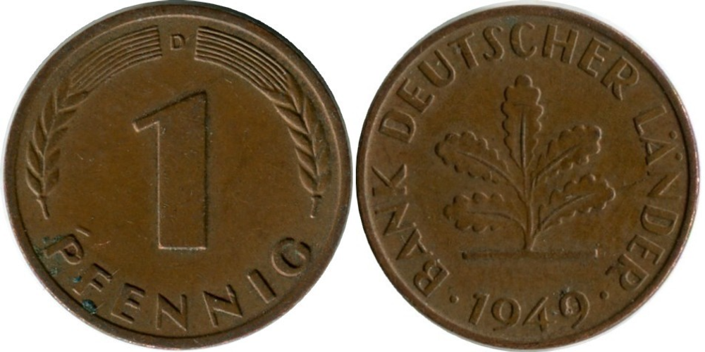Германия 1 пфенниг 1948 - 1949 Дубовые листья XF