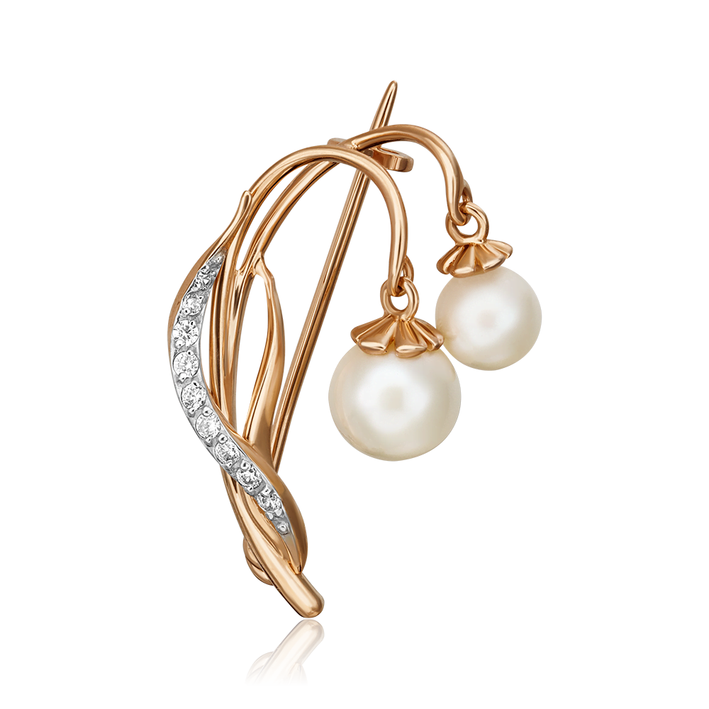 Брошь «Подснежник» из красного золота c жемчугом культивированным и фианитами Артикул: 04-0246-00-302-1110-31