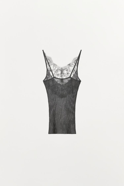 ZARA ТРИКОТАЖНЫЙ ТОП С БРЕТЕЛЯМИ И КРУЖЕВОМ, СЕРЫЙ