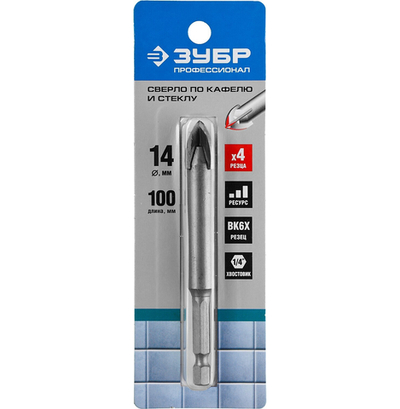 ЗУБР 14 мм, 4х кромка, HEX 1/4, Сверло по стеклу и кафелю, Профессионал (29845-14)