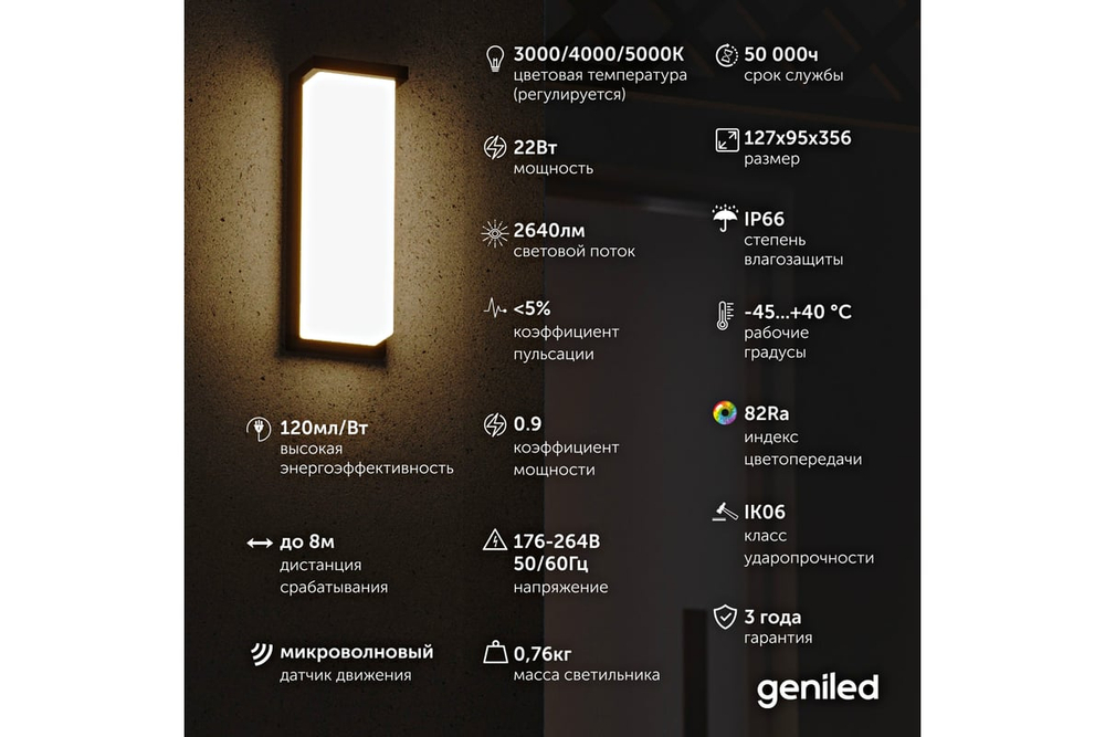 Светильник LED уличный Geniled Sova mini 152x95x203мм 12-16Вт 3000К/4000К/5000К IP66 с регулировкой цветовой температуры и датчиком движения