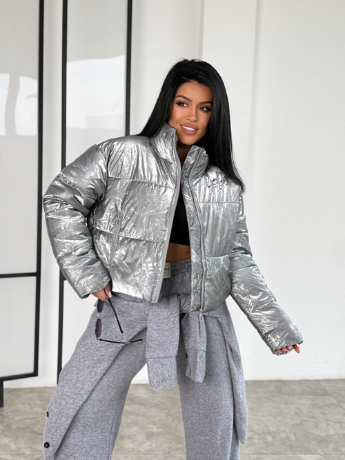 Короткая куртка мини оверсайз широкая еврозима серебристая