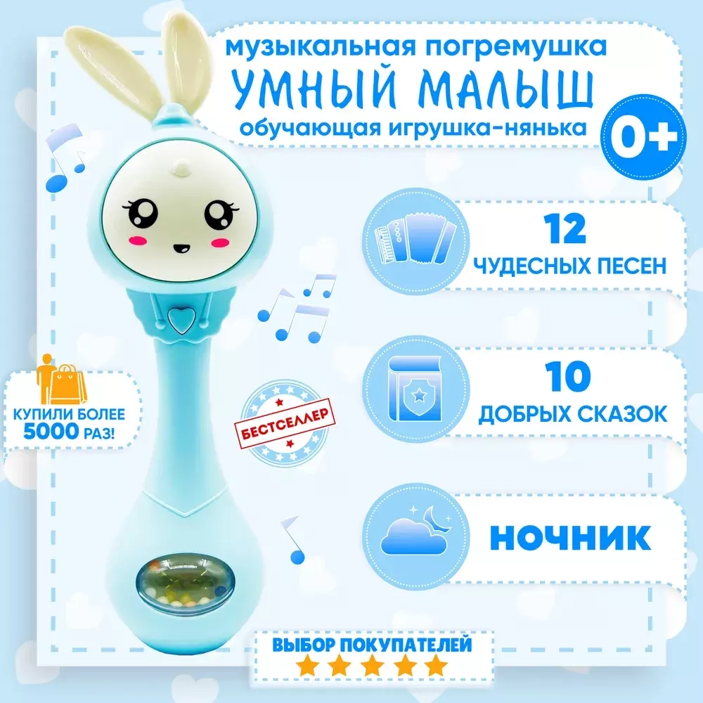 "Умный Заяц" умный обучающий интерактивный, голубой