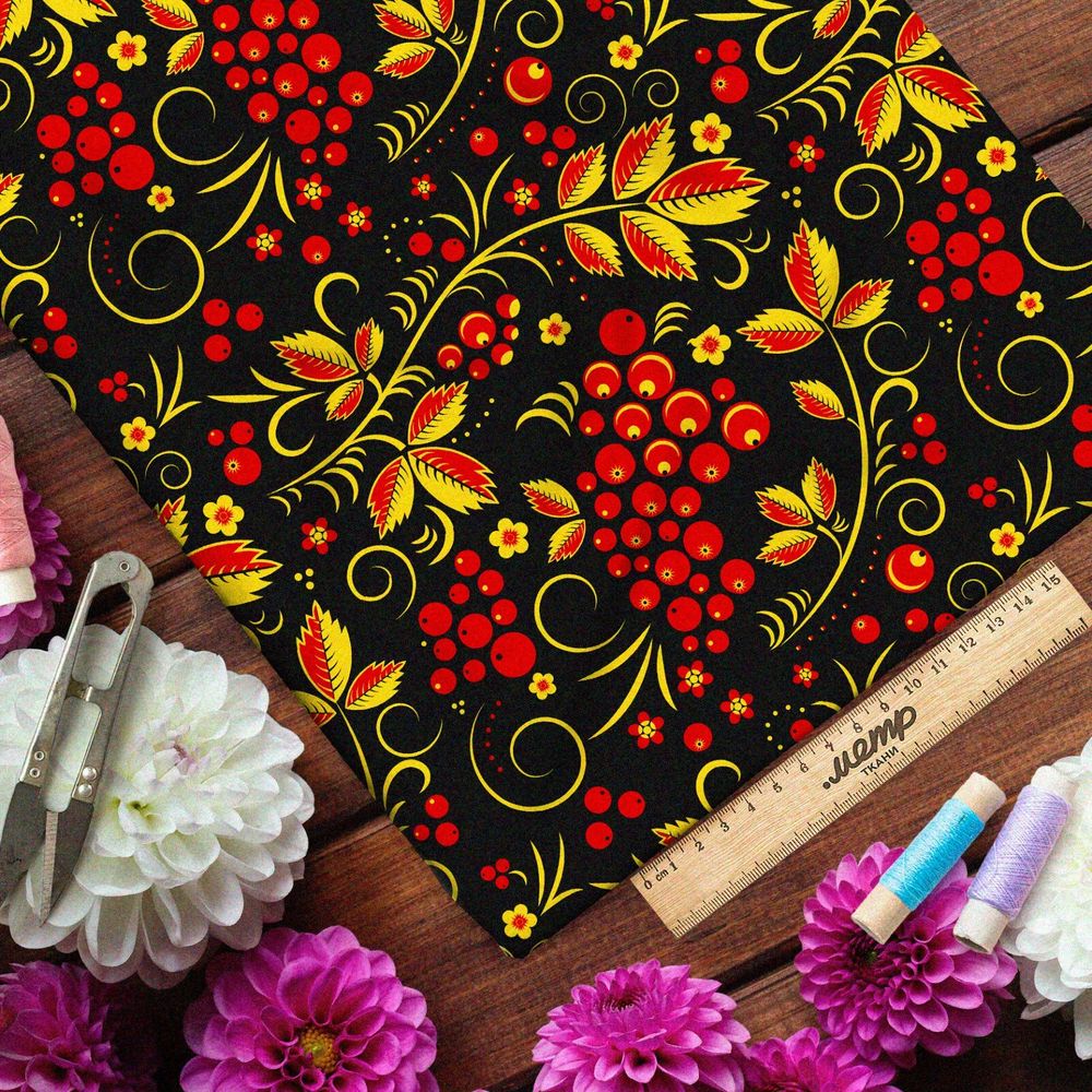 Ткань шелк Армани жёлто-красная хохлома с рябиной на чёрном фоне