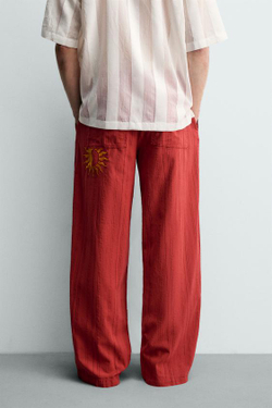 ZARA БРЮКИ RELAXED FIT В ПОЛОСКУ, КРАСНЫЙ
