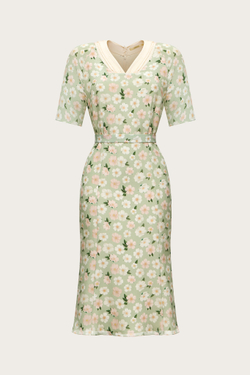 Платье-миди из зеленого шелка с авторским принтом