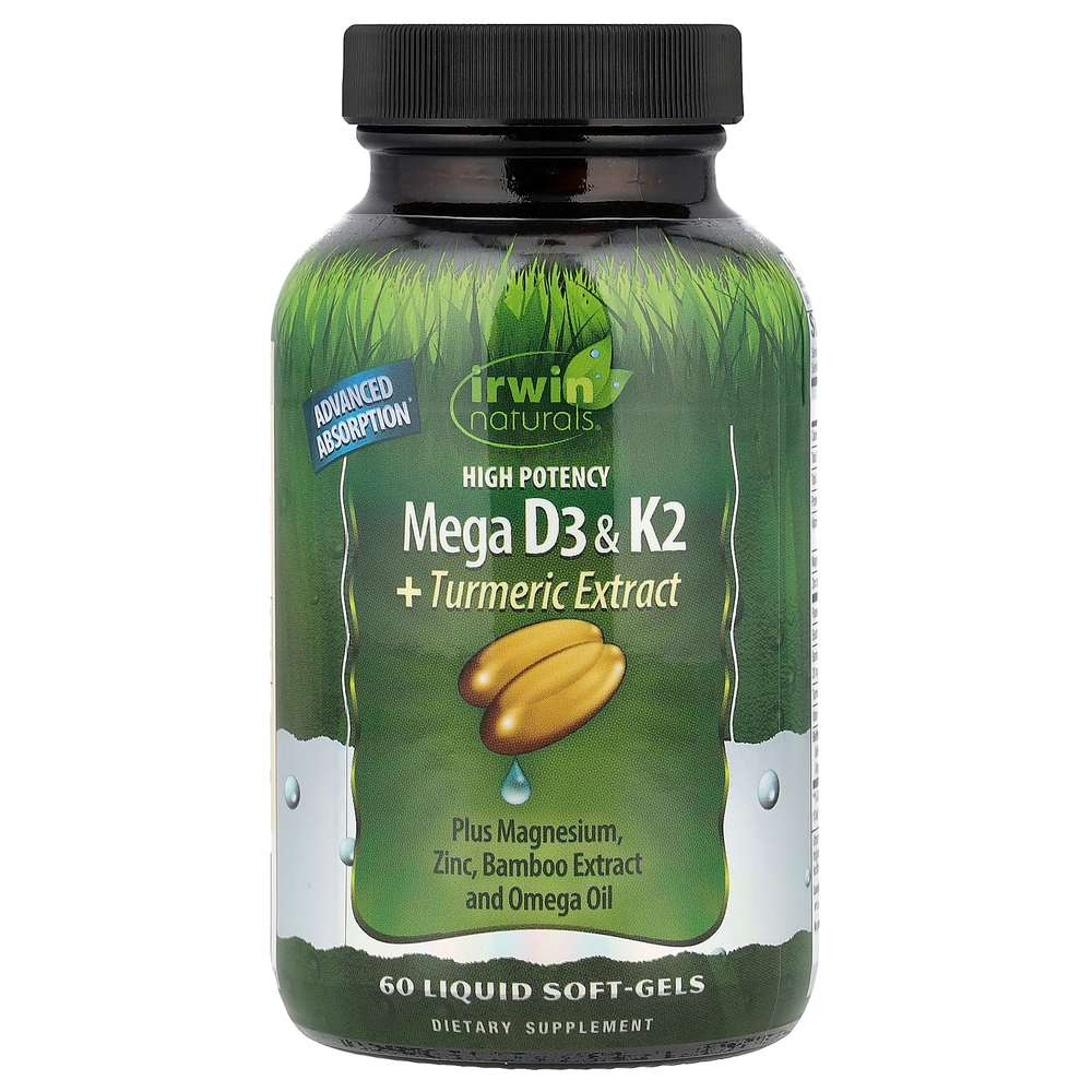 Irwin Naturals, высокоэффективные витамины D3 и K2 + экстракт куркумы, 60 желатиновых капсул