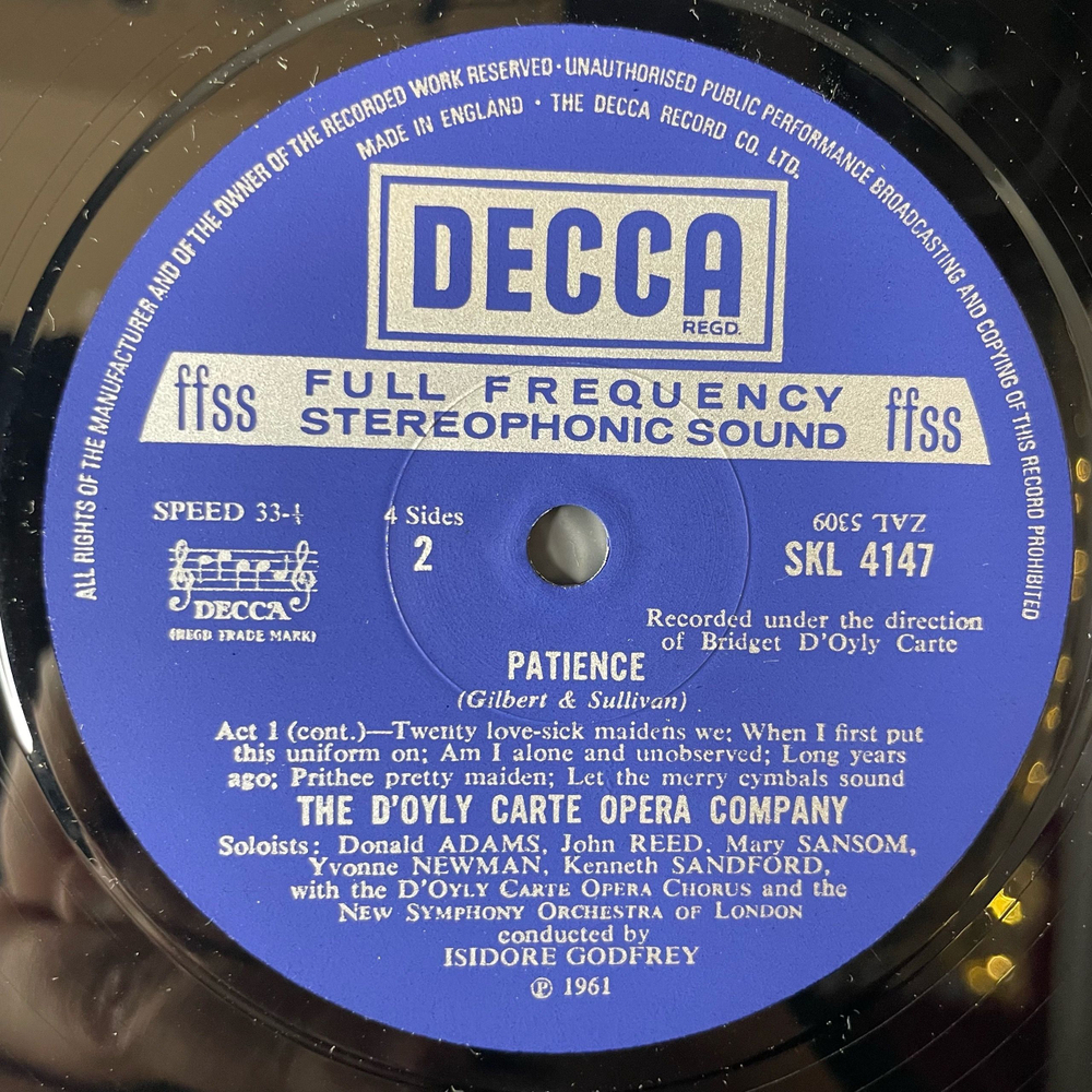 Винтажная виниловая пластинка LP Gilbert and Sullivan, The D'Oyly Carte Opera Company Опера Patience Терпение (With Complete Dialogue) (Англия 1961)