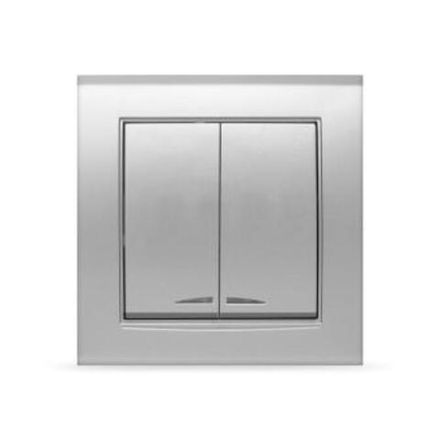 Выключатель двухклавишный с подсветкой "UNIVersal" серия "Бриллиант", с/у, 10А, 220В, серебро (еврос