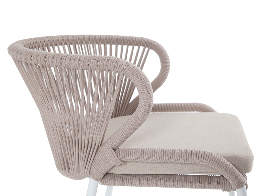 "Милан" стул плетеный из роупа, каркас алюминий белый муар, роуп бежевый круглый, ткань бежевая 15052