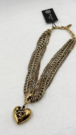 Колье кулон дутое сердце с ангелом со стрелой и черными кристаллами на цепочках, золото антик