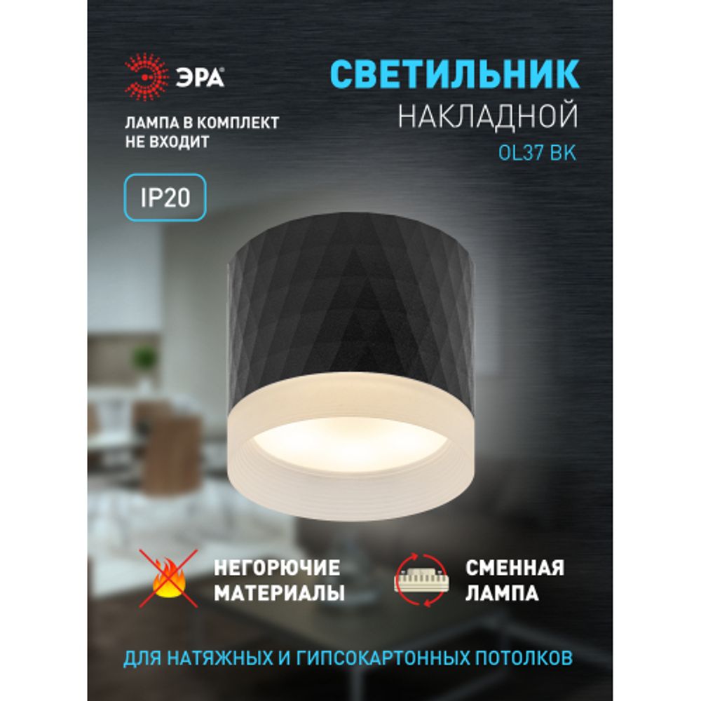 Светильник настенно-потолочный спот ЭРА OL37 BK под GX53 IP20 черный | Накладные светильники