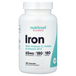Nutricost, Women, железо с витамином C, фолатом и витамином B12 для женщин, 180 капсул