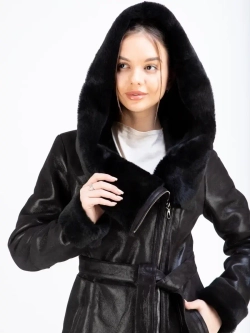 Дубленка женская натуральная длинная с капюшоном Турция