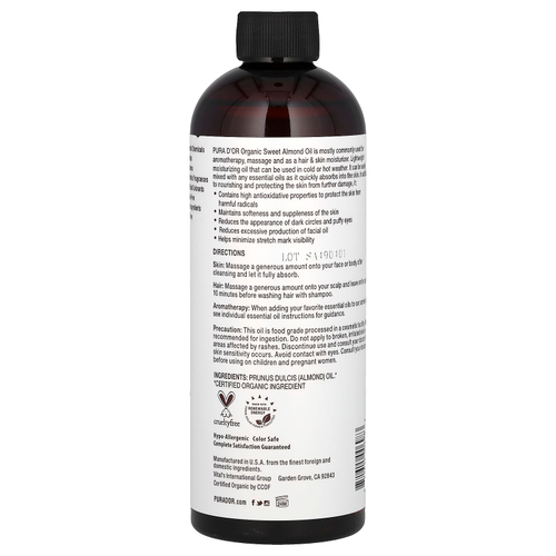 Pura D'or, органическое масло сладкого миндаля, 473 мл (16 жидк. унций)