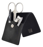 Немецкий фирменный маникюрный набор в 4 предмета ножницы для ногтей пинцет наклонный пилка металлическая книпсер из высококачественной стали в черном футляре из натуральной кожи Solinger Erbe 9360ER в подарочной коробке